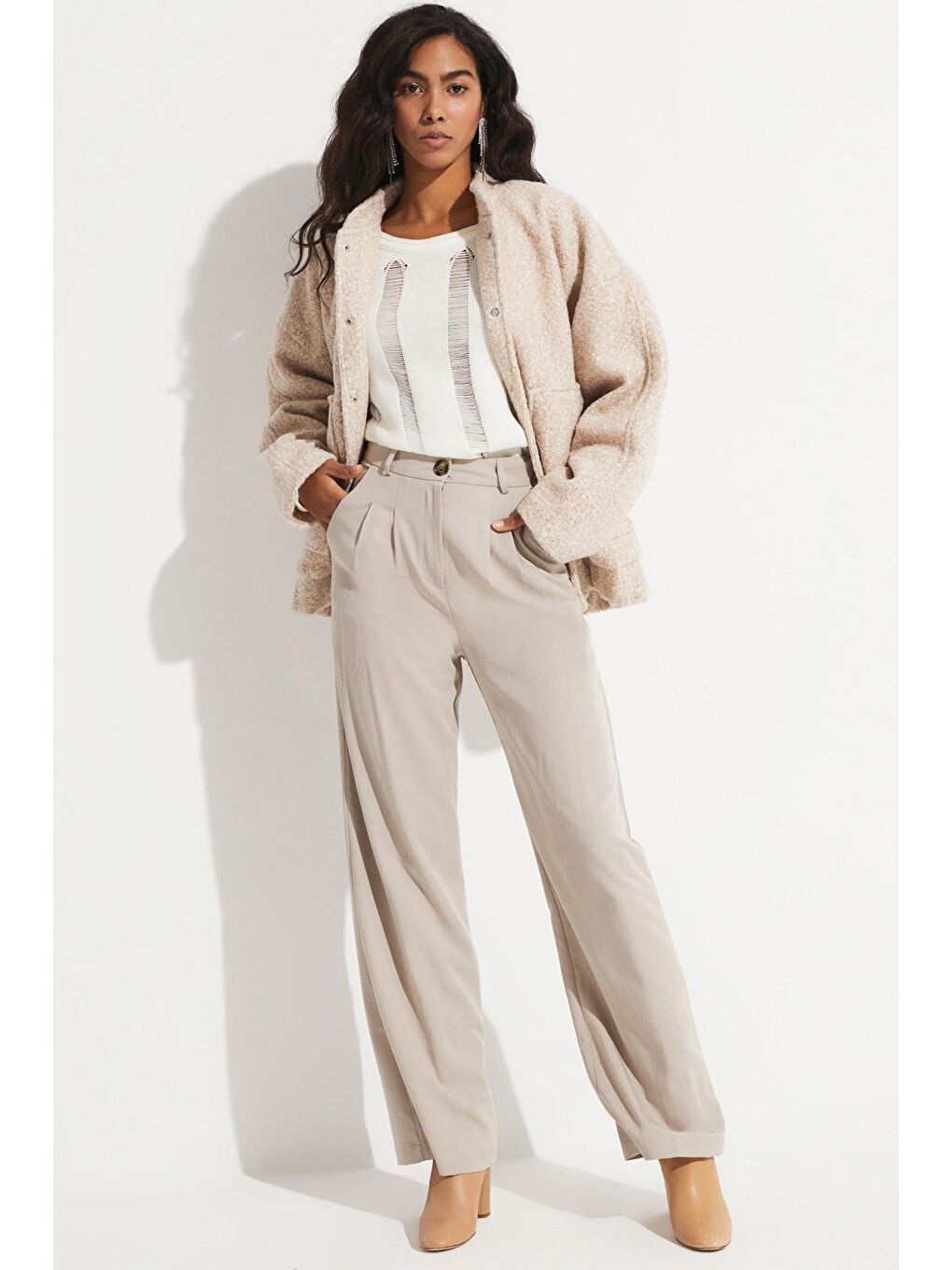 Bej Exclusive Yün Karışımlı Pelüş Bomber Ceket-4