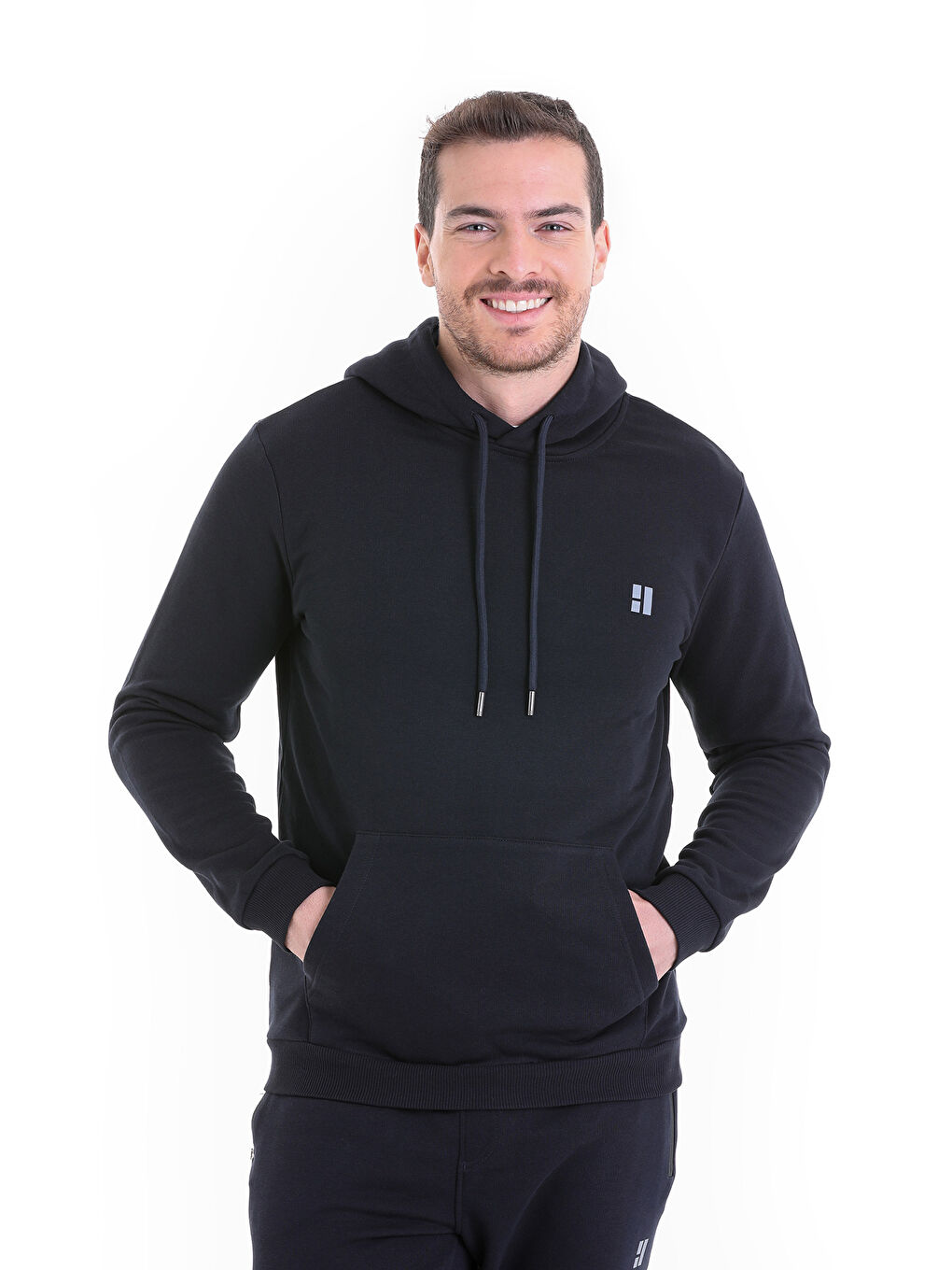 Hatemoğlu Lacivert Regular Fit Düz Pamuklu Kapüşonlu Kanguru Cepli Sweatshirt