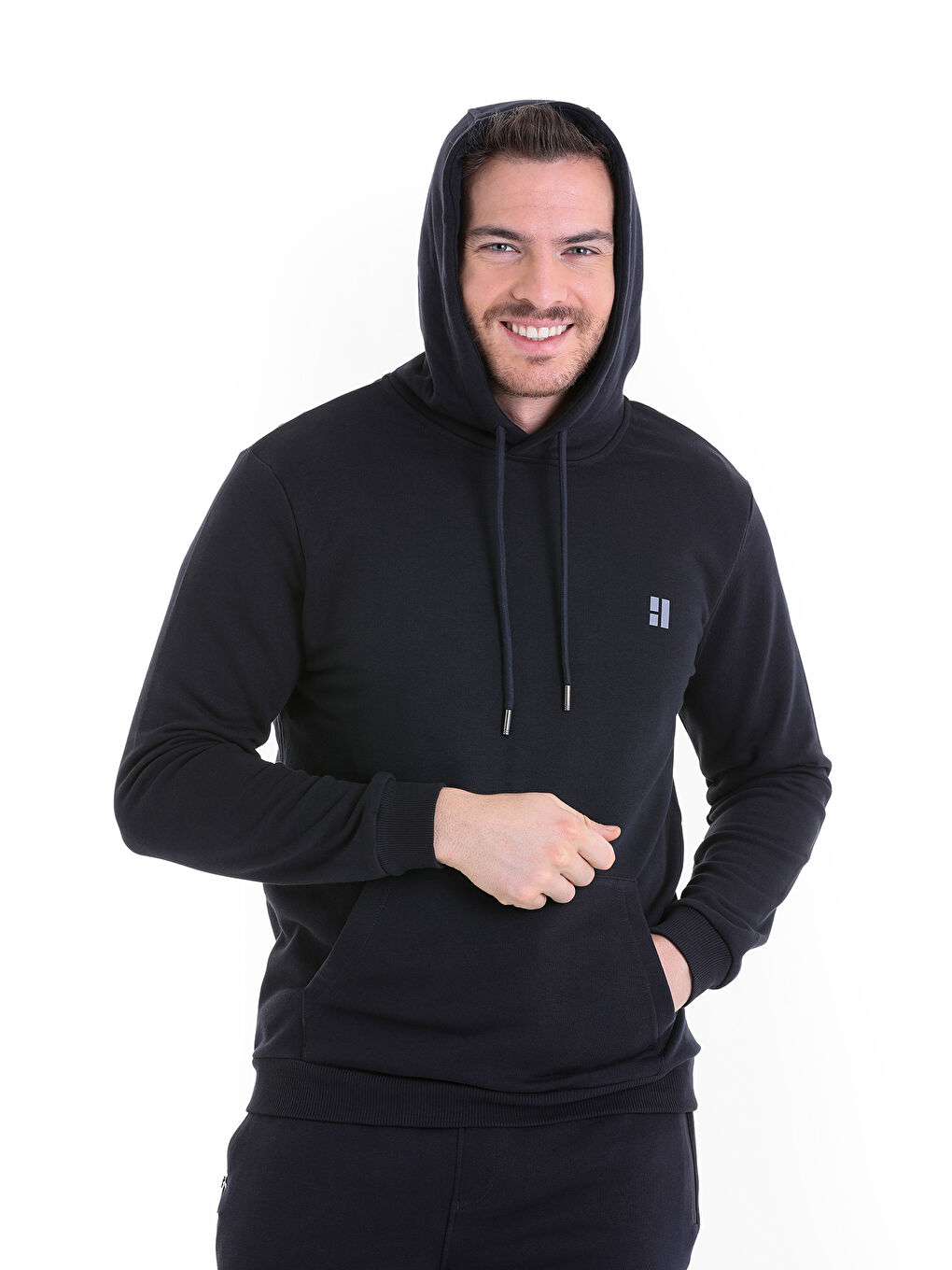 Hatemoğlu Lacivert Regular Fit Düz Pamuklu Kapüşonlu Kanguru Cepli Sweatshirt - 1