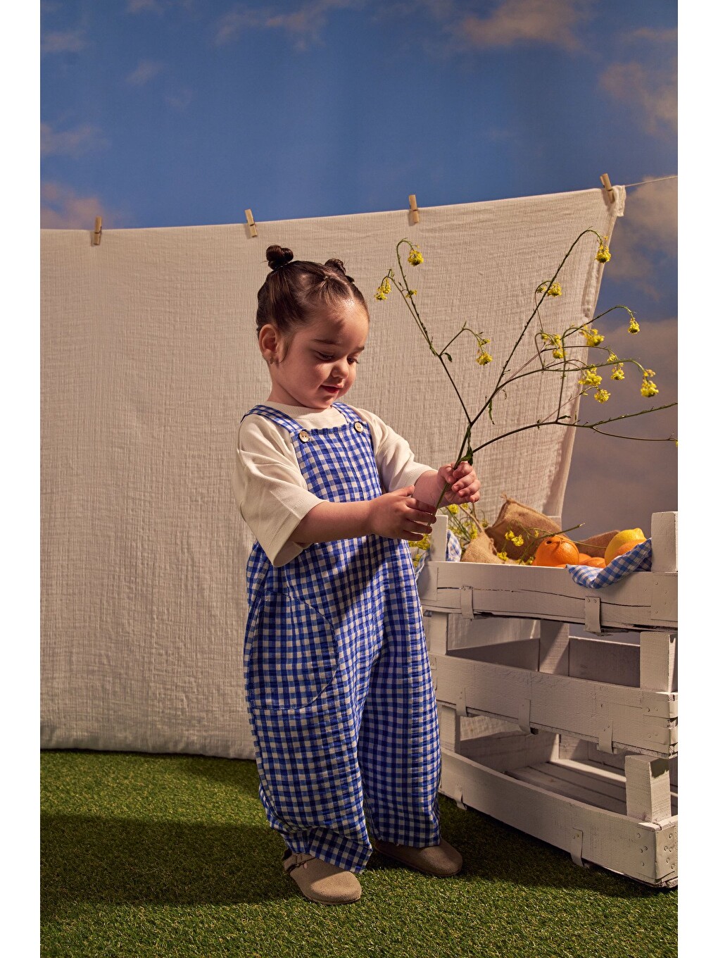 Mavi Daisy Picnic Serisi Cepli Salopet