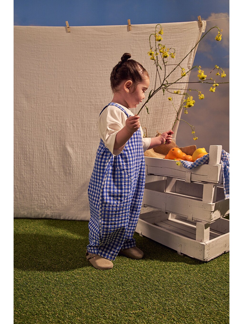 Mavi Daisy Picnic Serisi Cepli Salopet-4