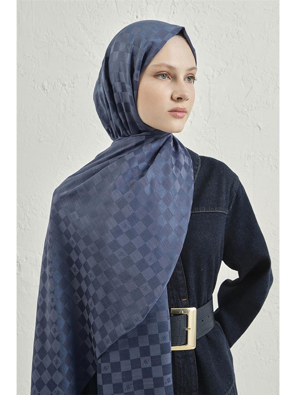 İndigo Elegance İpek Pamuk Dama Şal 02-1