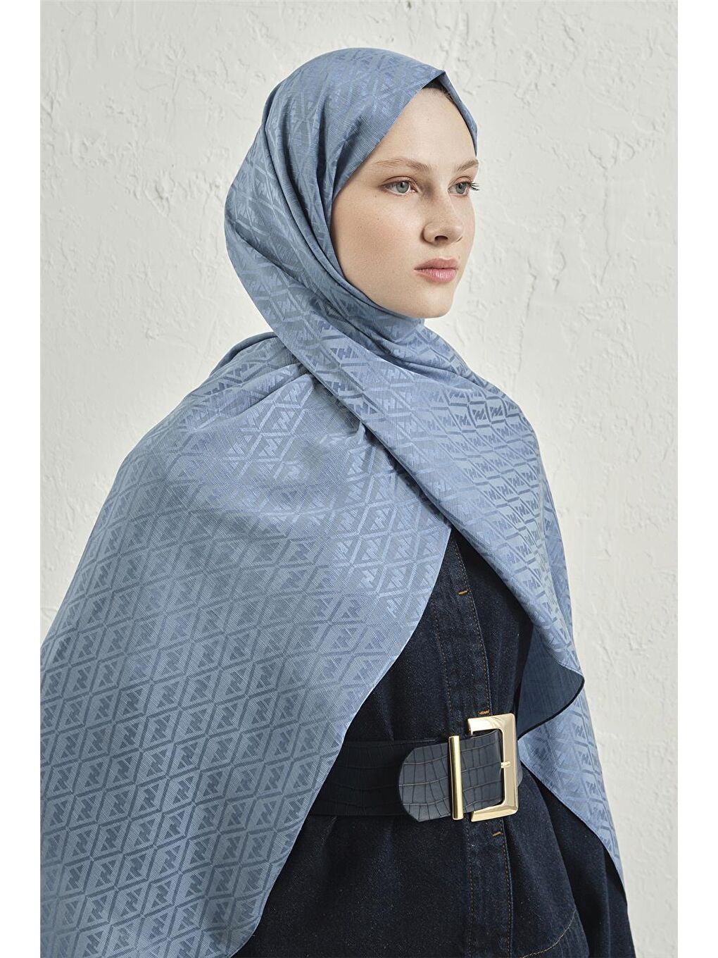 Mavi Elegance İpek Pamuk Monogram Şal 26-1