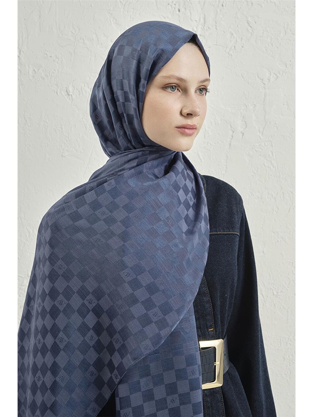 İndigo Elegance İpek Pamuk Dama Şal 02-2