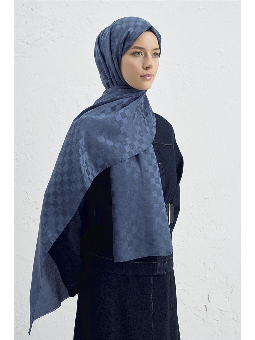 Mavi Elegance İpek Pamuk Dama Şal 35-2