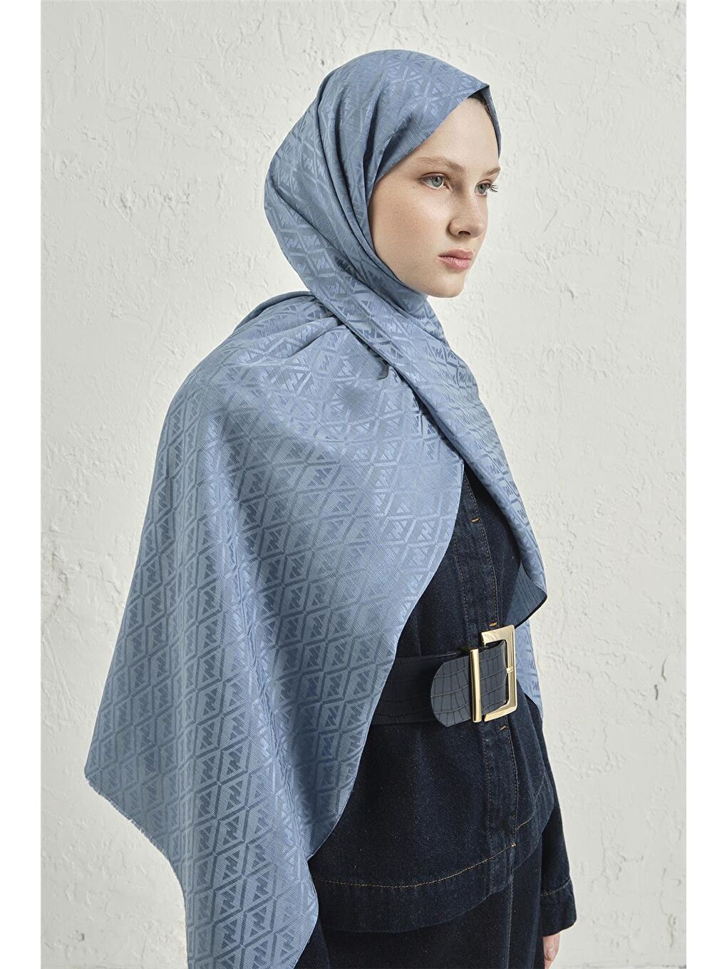 Mavi Elegance İpek Pamuk Monogram Şal 26-2