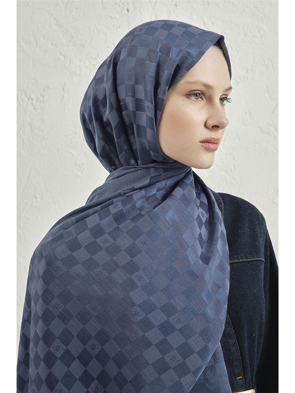 İndigo Elegance İpek Pamuk Dama Şal 02-3