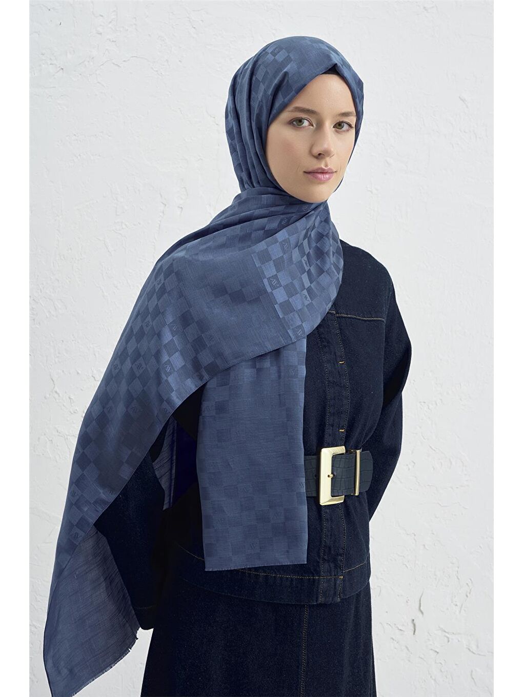 Mavi Elegance İpek Pamuk Dama Şal 35-3