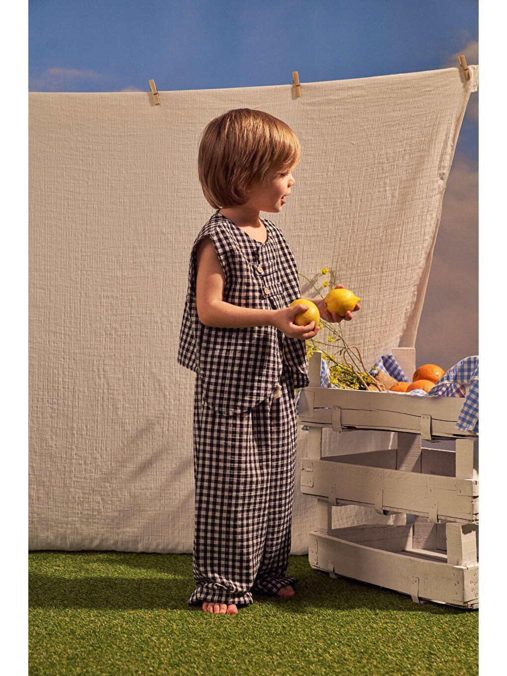 Siyah Daisy Picnic Serisi Asimetrik Yelekli Takım-1