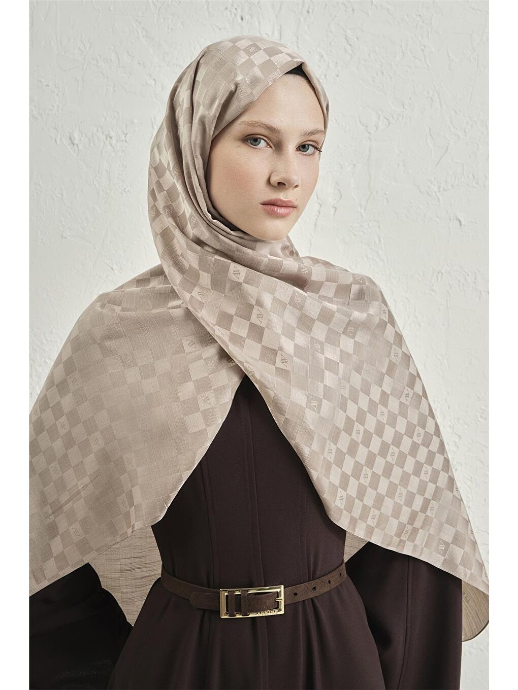 Bej Elegance İpek Pamuk Dama Şal 07-1