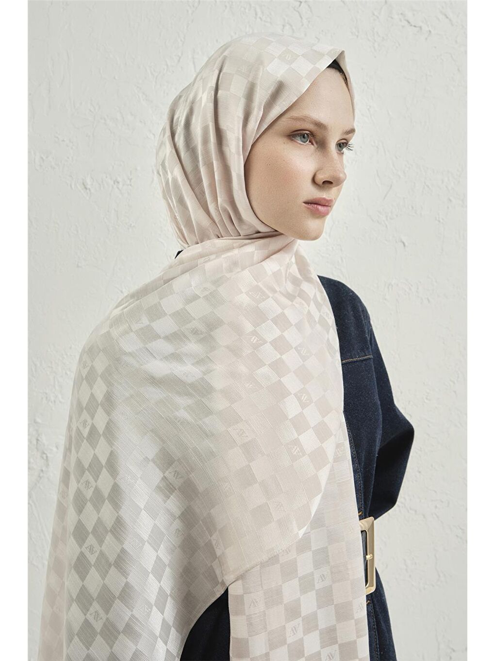 Ekru Elegance İpek Pamuk Dama Şal 17