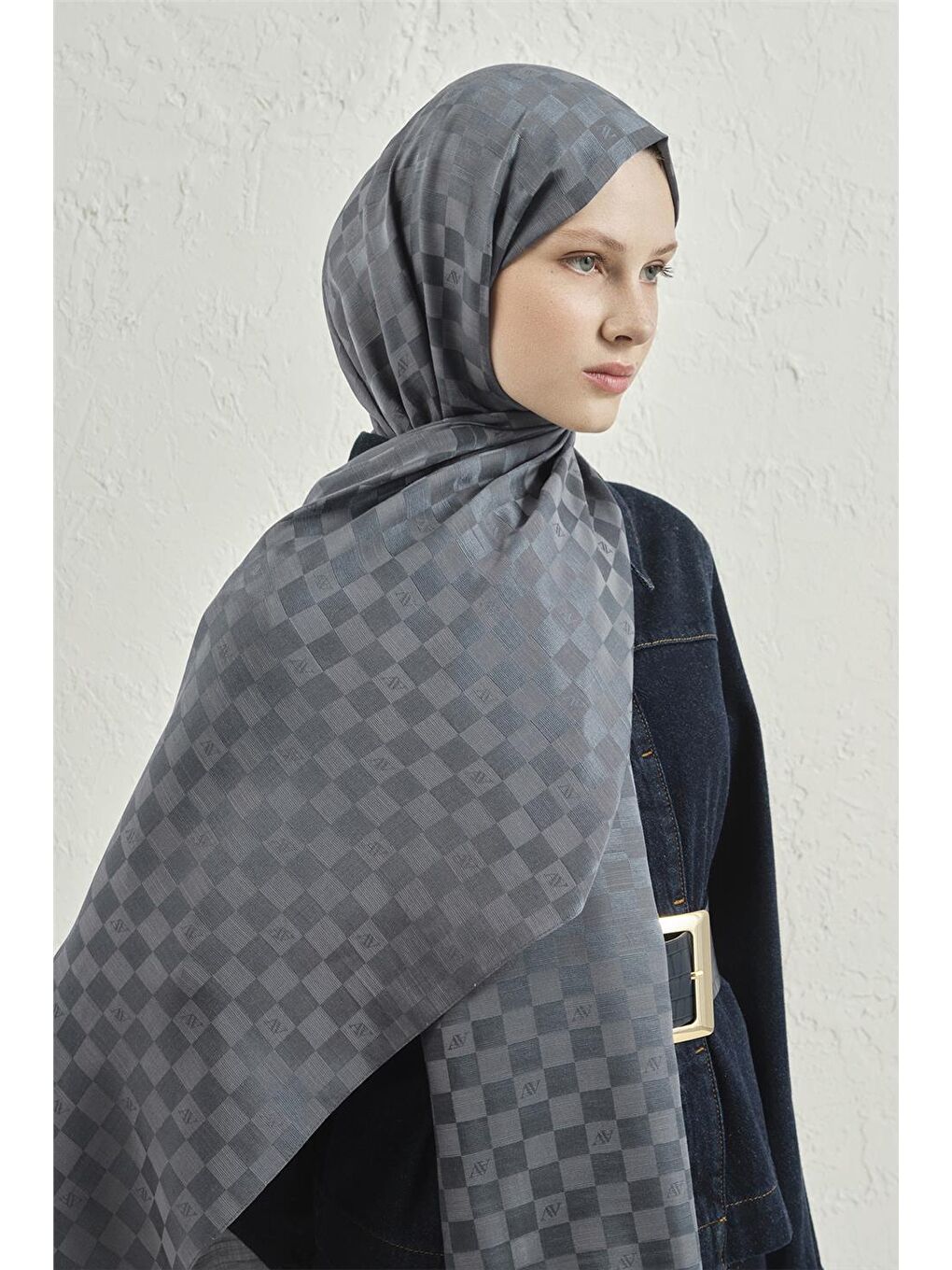 Gri Elegance İpek Pamuk Dama Şal 19-1