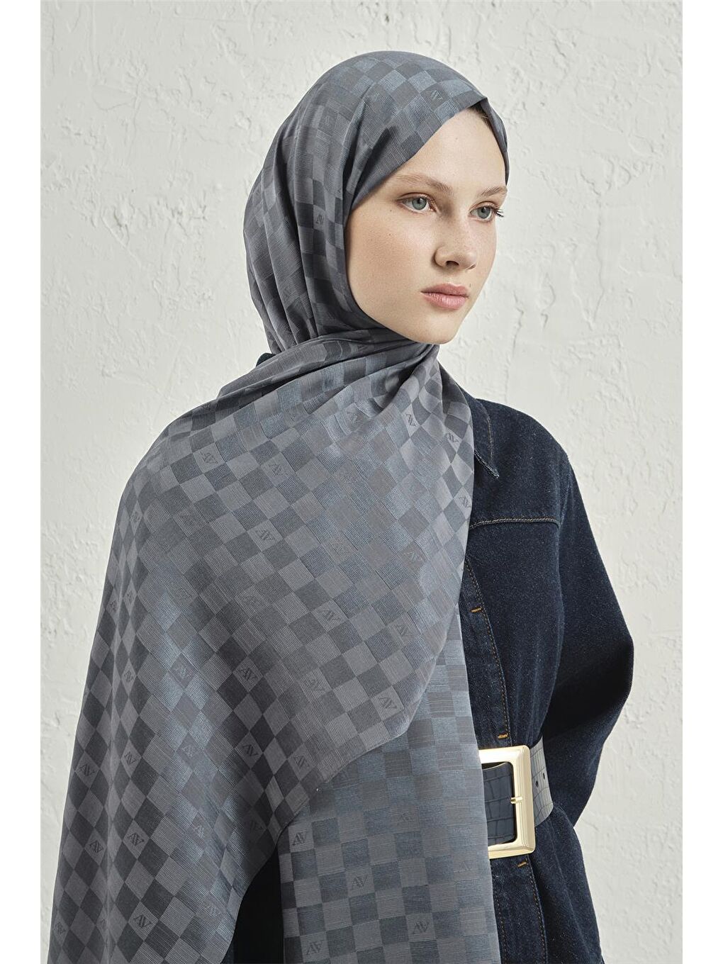 Gri Elegance İpek Pamuk Dama Şal 19-2