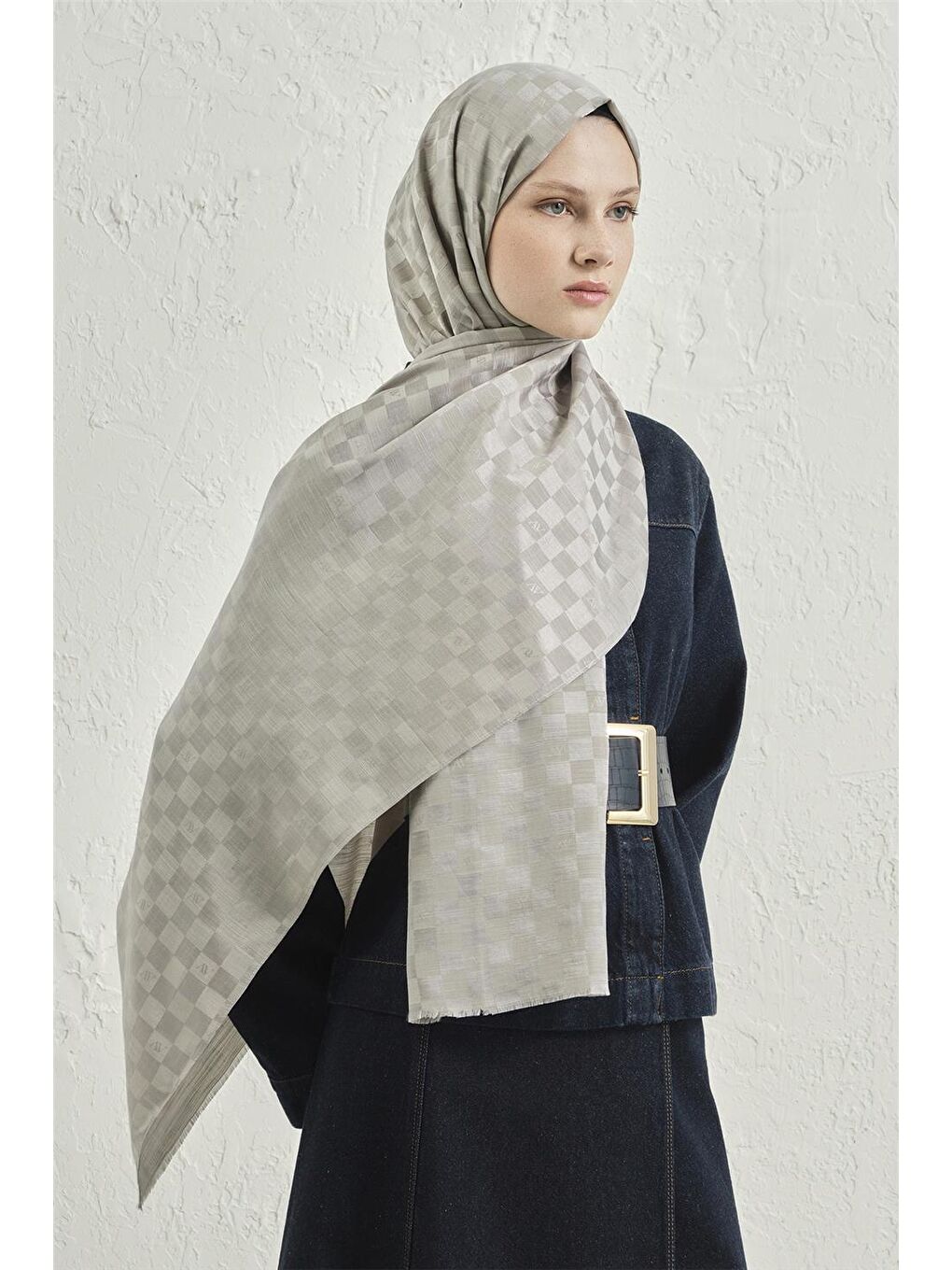 Gri Elegance İpek Pamuk Dama Şal 22-1