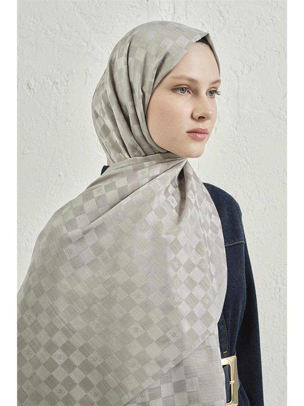 Gri Elegance İpek Pamuk Dama Şal 22-3