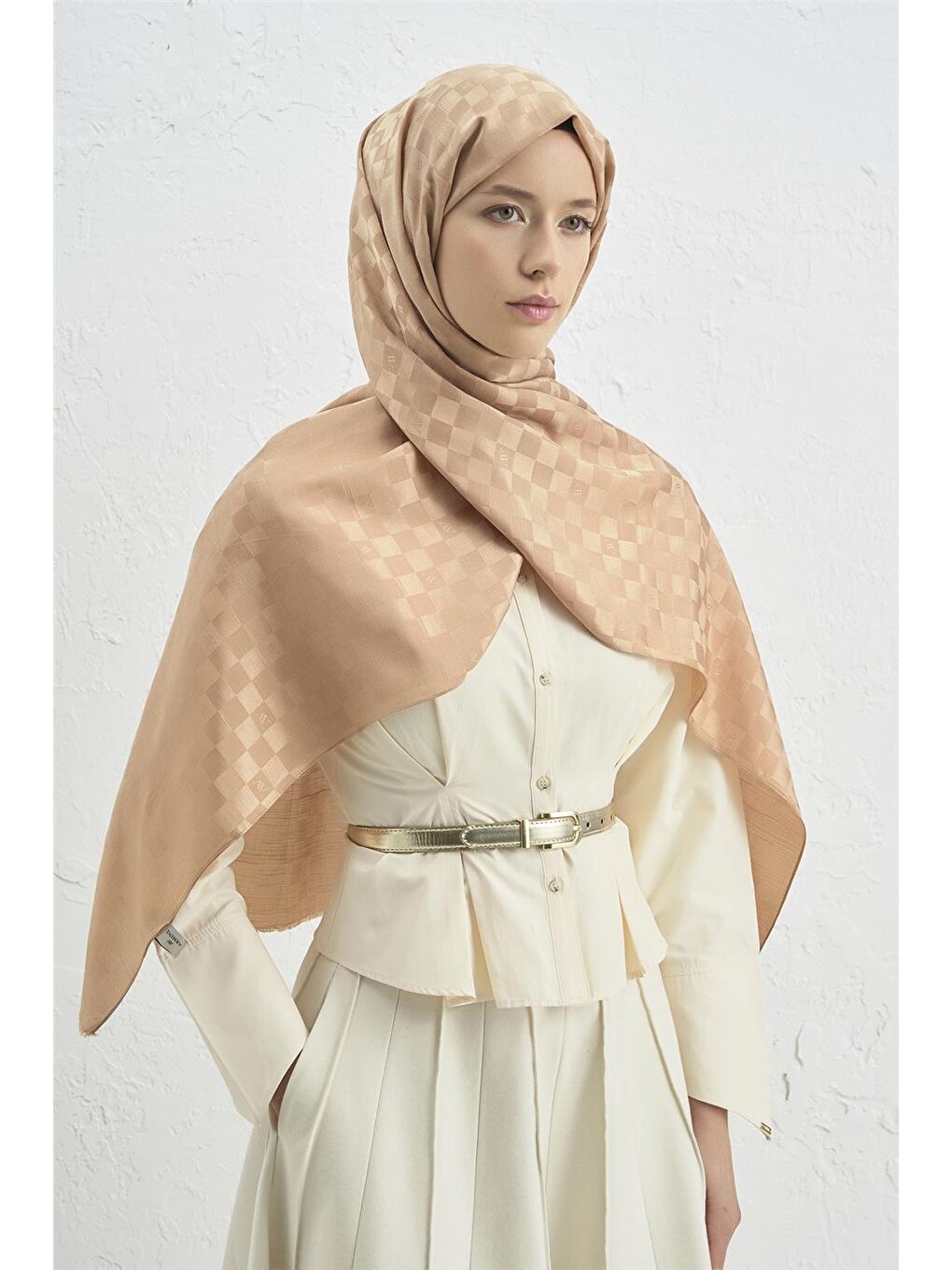 Turuncu Elegance İpek Pamuk Dama Şal 15-1