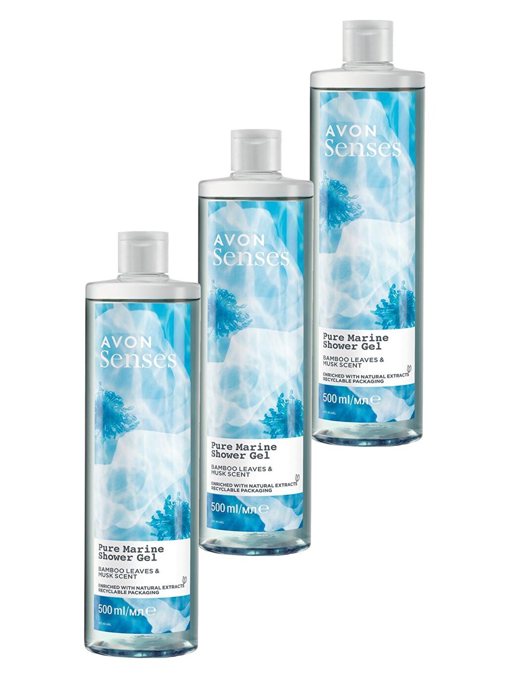 AVON Renksiz Senses Pure Marine Bambu Yaprağı ve Misk Kokulu Duş Jeli 500 Ml. Üçlü Set