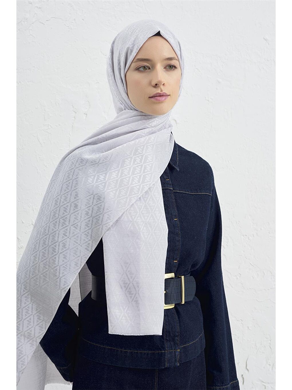 Gri Jakarlı İpek Pamuk Monogram Şal 26 23-2