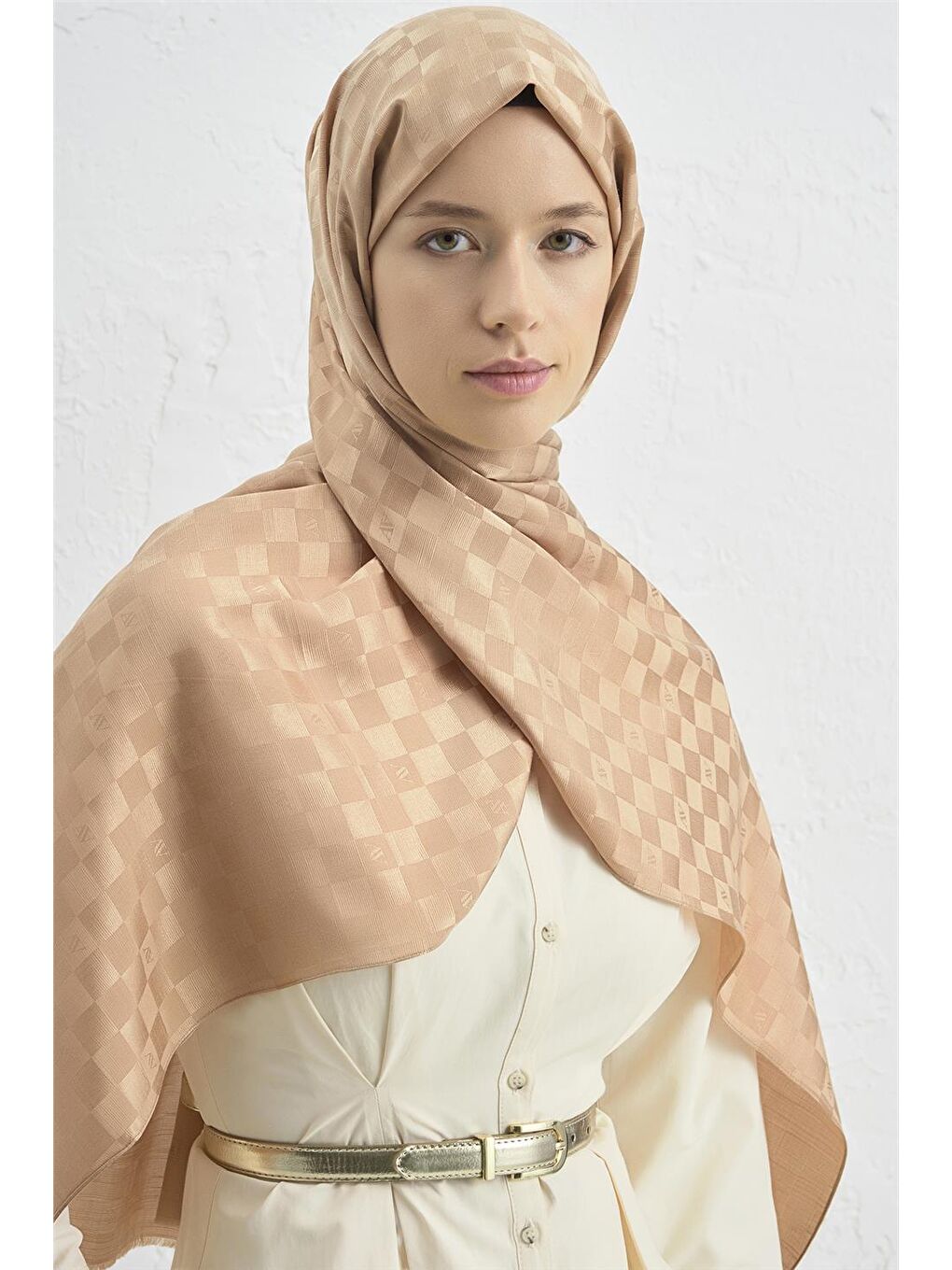 Turuncu Elegance İpek Pamuk Dama Şal 15-3