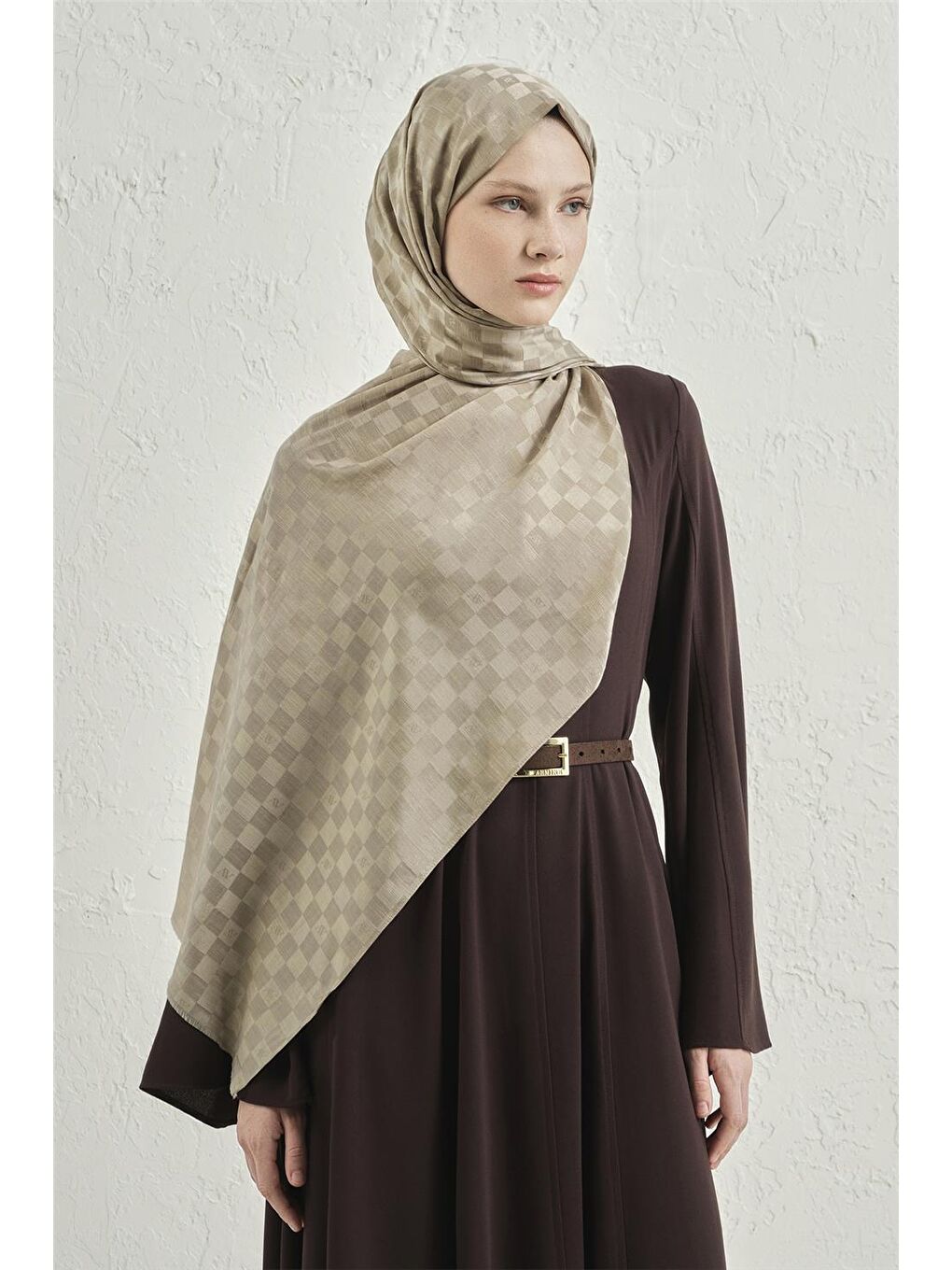 Bej Elegance İpek Pamuk Dama Şal 08-1