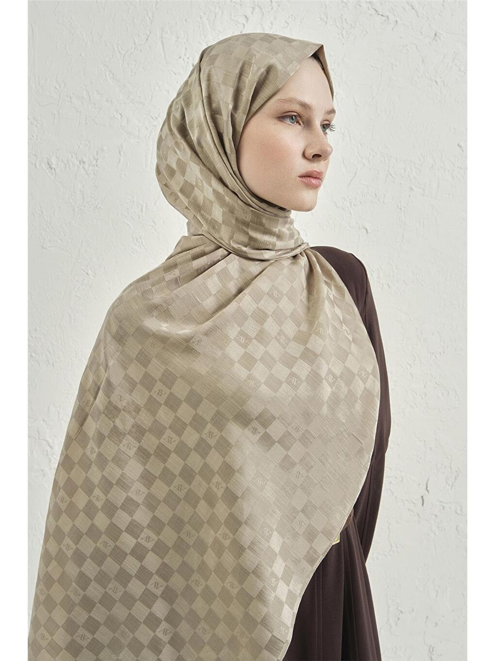 Bej Elegance İpek Pamuk Dama Şal 08-2