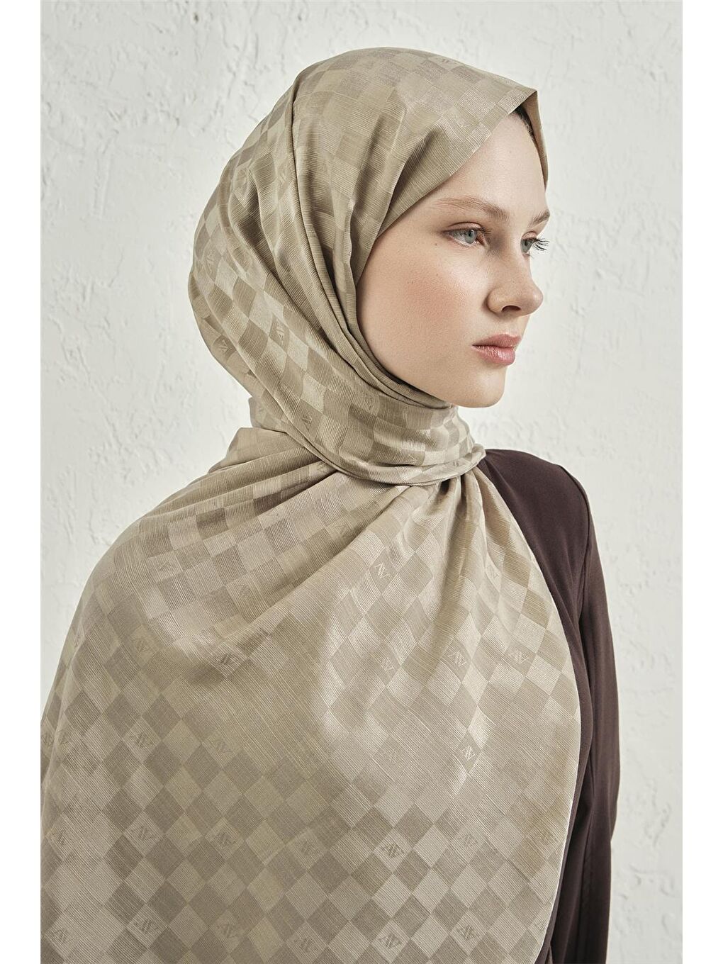 Bej Elegance İpek Pamuk Dama Şal 08-3