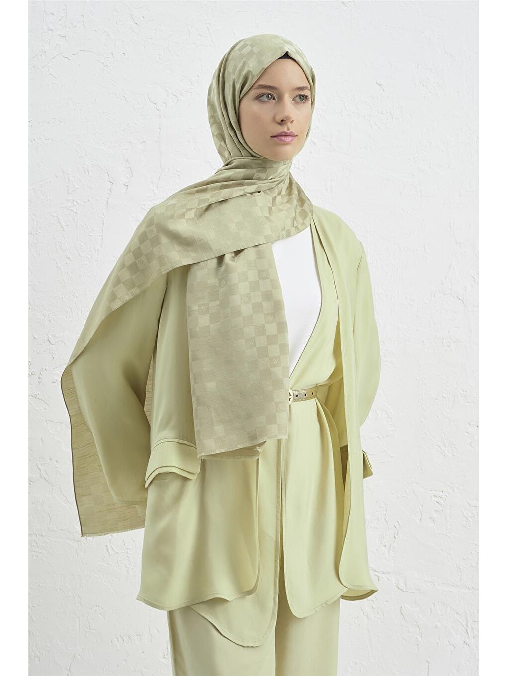 Yeşil Elegance İpek Pamuk Dama Şal 54-1