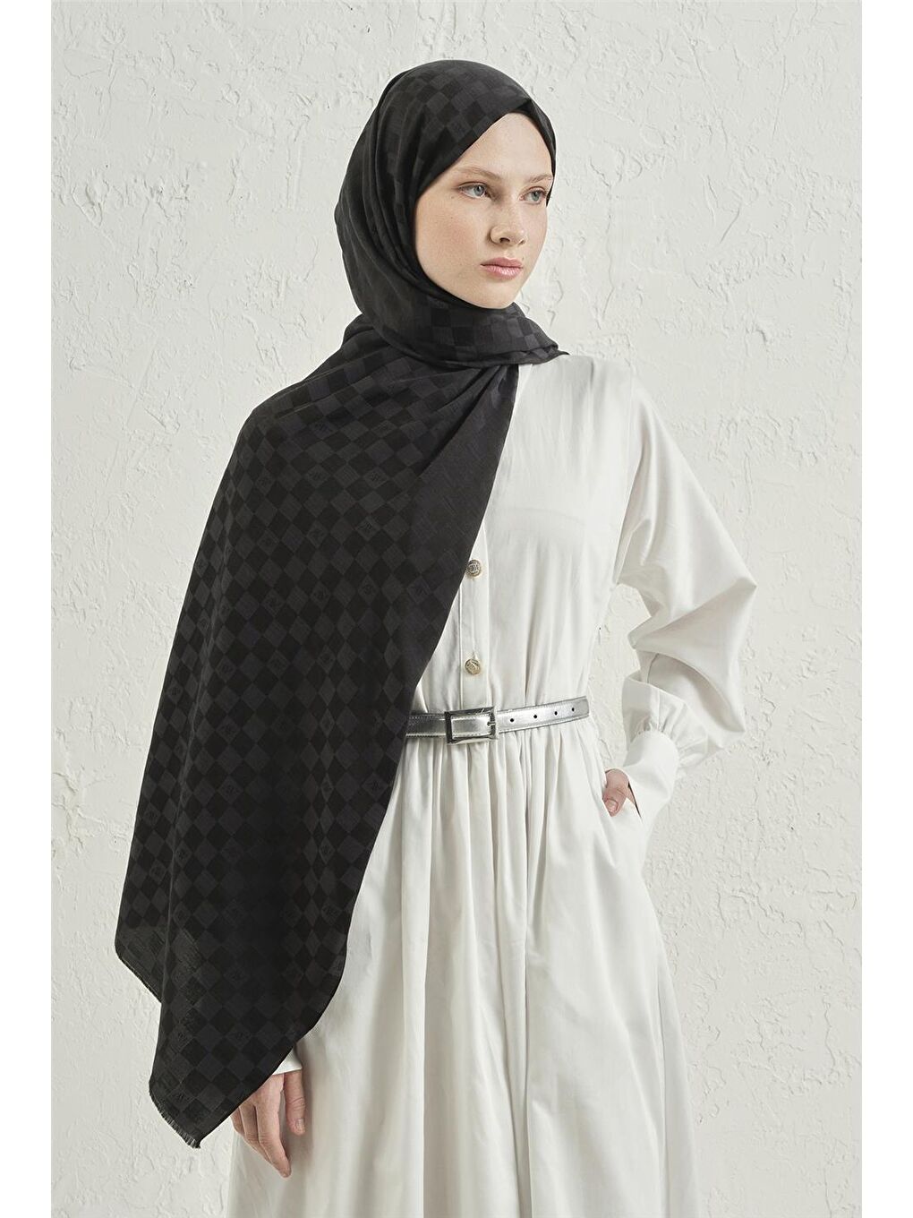 Siyah Elegance İpek Pamuk Dama Şal 01-1