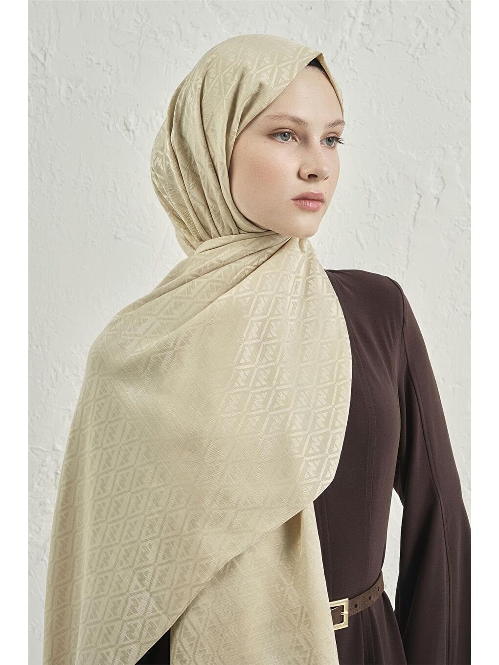 Bej Elegance İpek Pamuk Monogram Şal 17-1