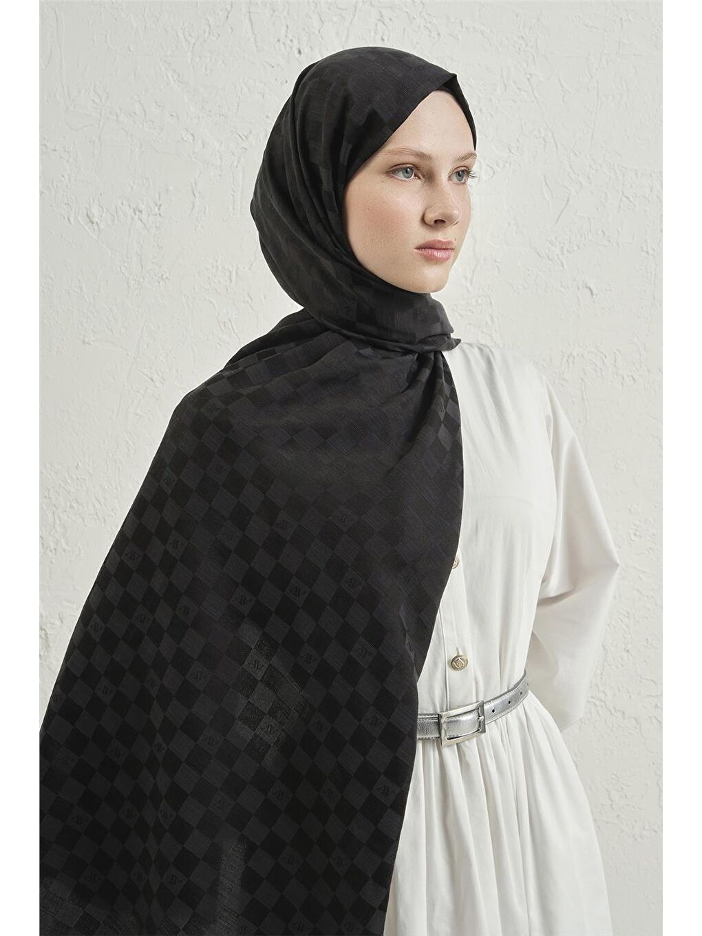 Siyah Elegance İpek Pamuk Dama Şal 01-2