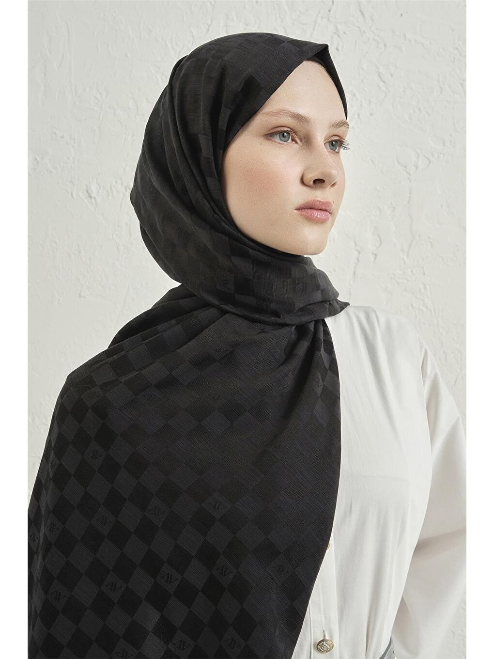 Siyah Elegance İpek Pamuk Dama Şal 01-3