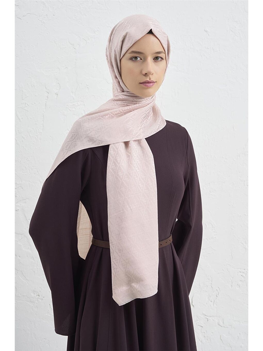 Pembe Jakarlı İpek Pamuk Monogram Şal 26 39-3