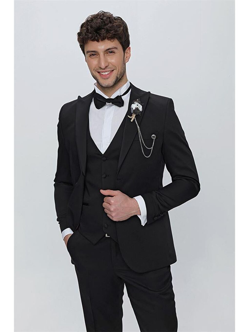 Siyah Armürlü Kırlangıç Yaka Yelekli 6 Drop Dar Kesim Smokin Damatlık 1001225178