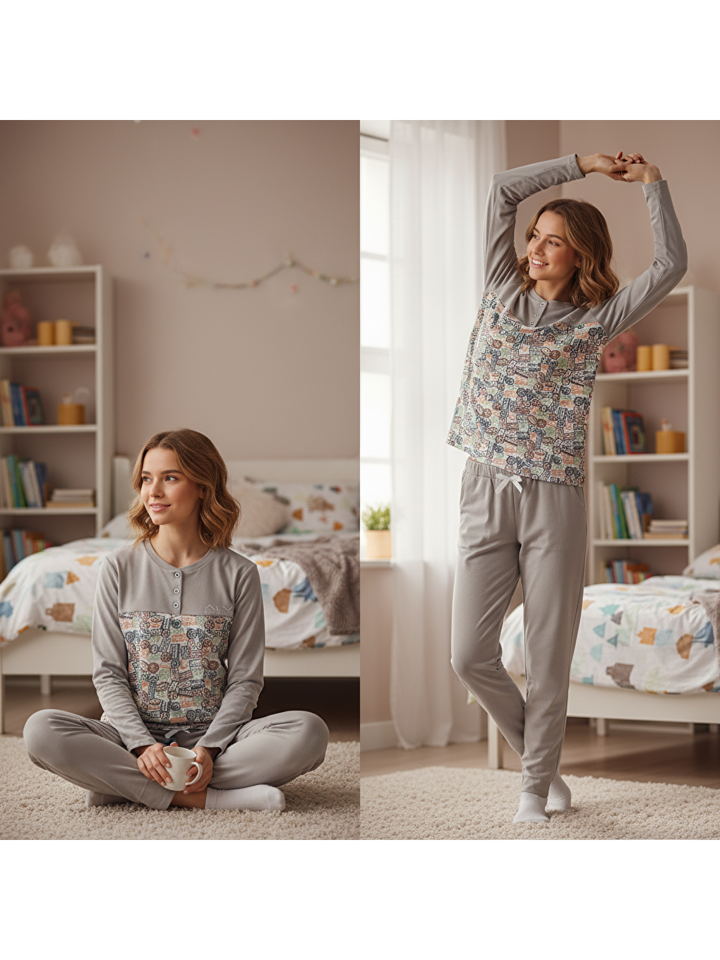 Kahverengi Genç Kız Pamuklu Açık Kahve Renk Pijama Takımı Al501 V1 Bb2442-5