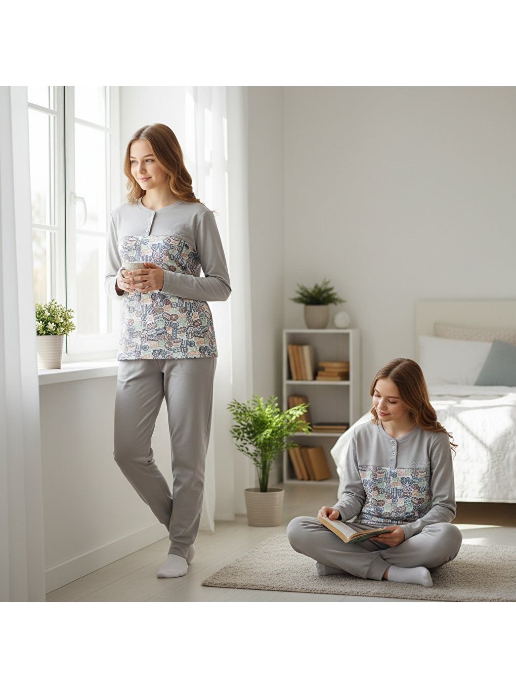 Kahverengi Genç Kız Pamuklu Açık Kahve Renk Pijama Takımı Al501 V1 Bb2442-6