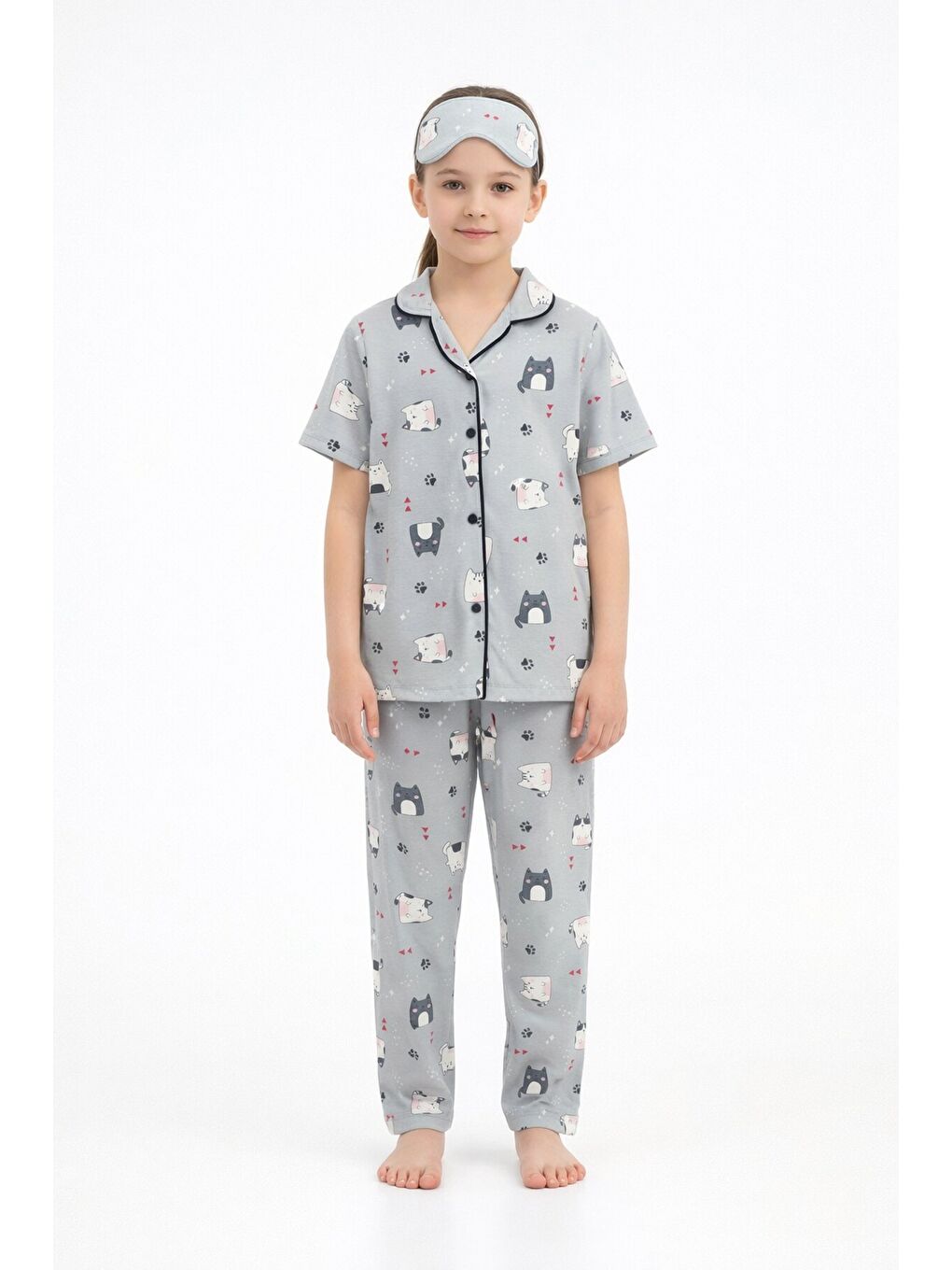 Gri Kedi Desenli Düğmeli Kısa Kol Kız Çocuk Göz Bantlı Pijama Takımı 23818