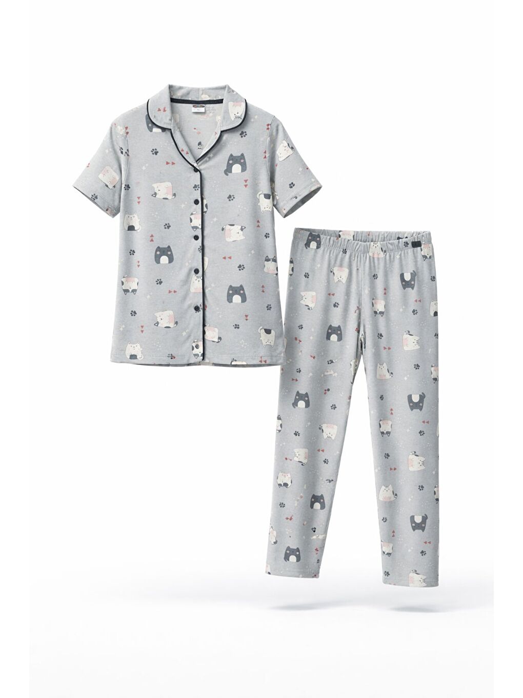 Gri Kedi Desenli Düğmeli Kısa Kol Kız Çocuk Göz Bantlı Pijama Takımı 23818-3