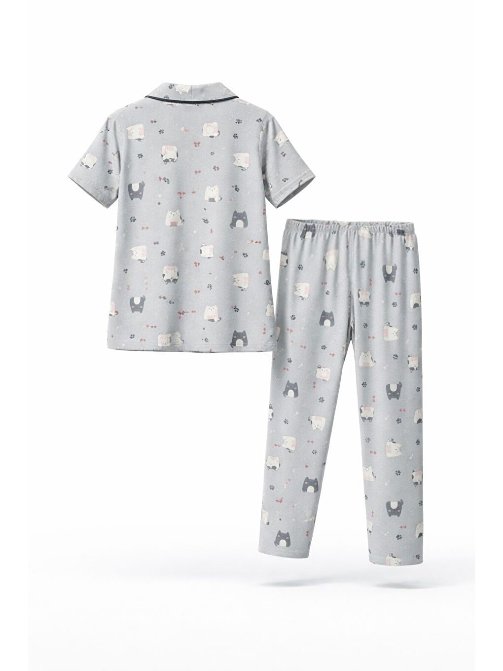 Gri Kedi Desenli Düğmeli Kısa Kol Kız Çocuk Göz Bantlı Pijama Takımı 23818-4