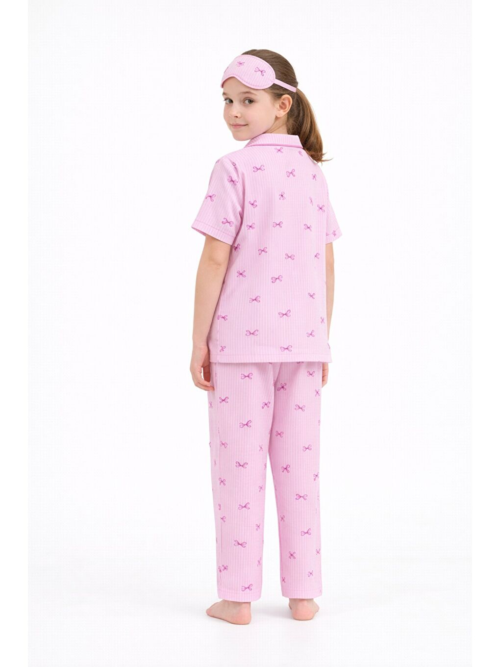 Pembe Çizgi Desenli Fiyonklu Kısa Kol Kız Çocuk Göz Bantlı Pijama Takımı 23819-2