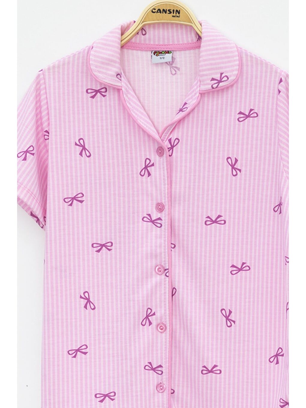 Pembe Çizgi Desenli Fiyonklu Kısa Kol Kız Çocuk Göz Bantlı Pijama Takımı 23819-3