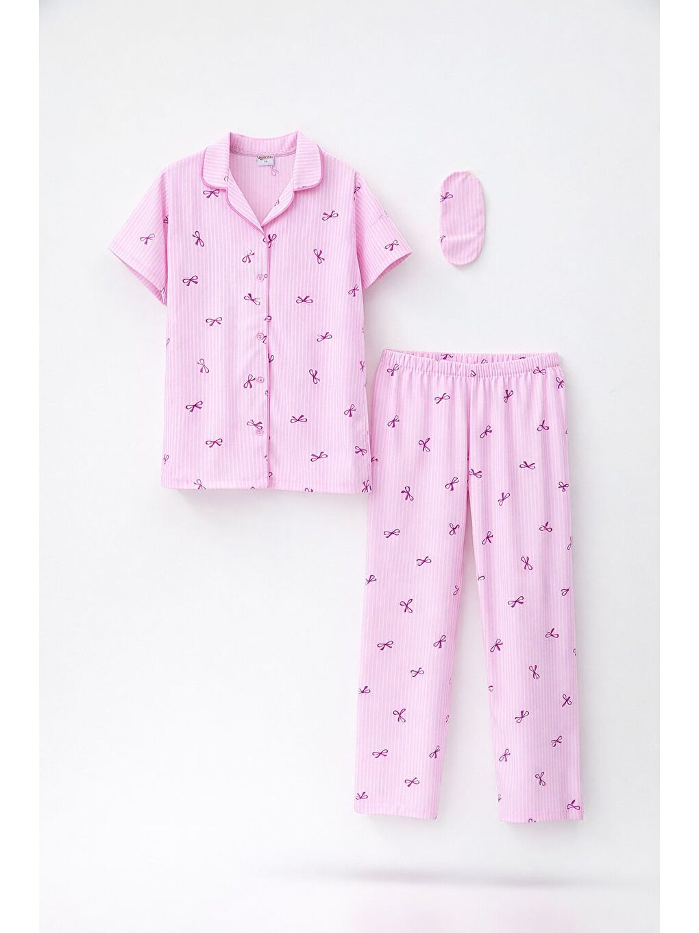 Pembe Çizgi Desenli Fiyonklu Kısa Kol Kız Çocuk Göz Bantlı Pijama Takımı 23819-4