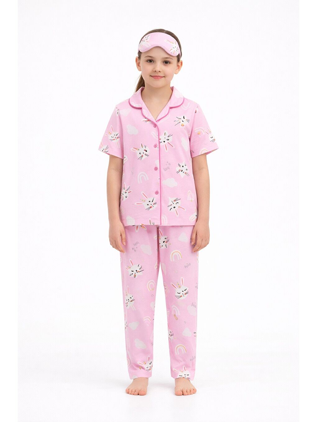 Pembe Tavşan Baskılı Kısa Kol Kız Çocuk Göz Bantlı Pijama Takımı 23820