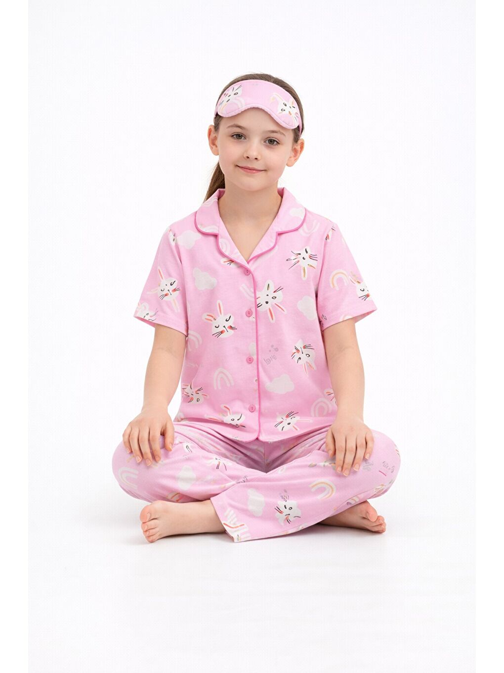 Pembe Tavşan Baskılı Kısa Kol Kız Çocuk Göz Bantlı Pijama Takımı 23820-1