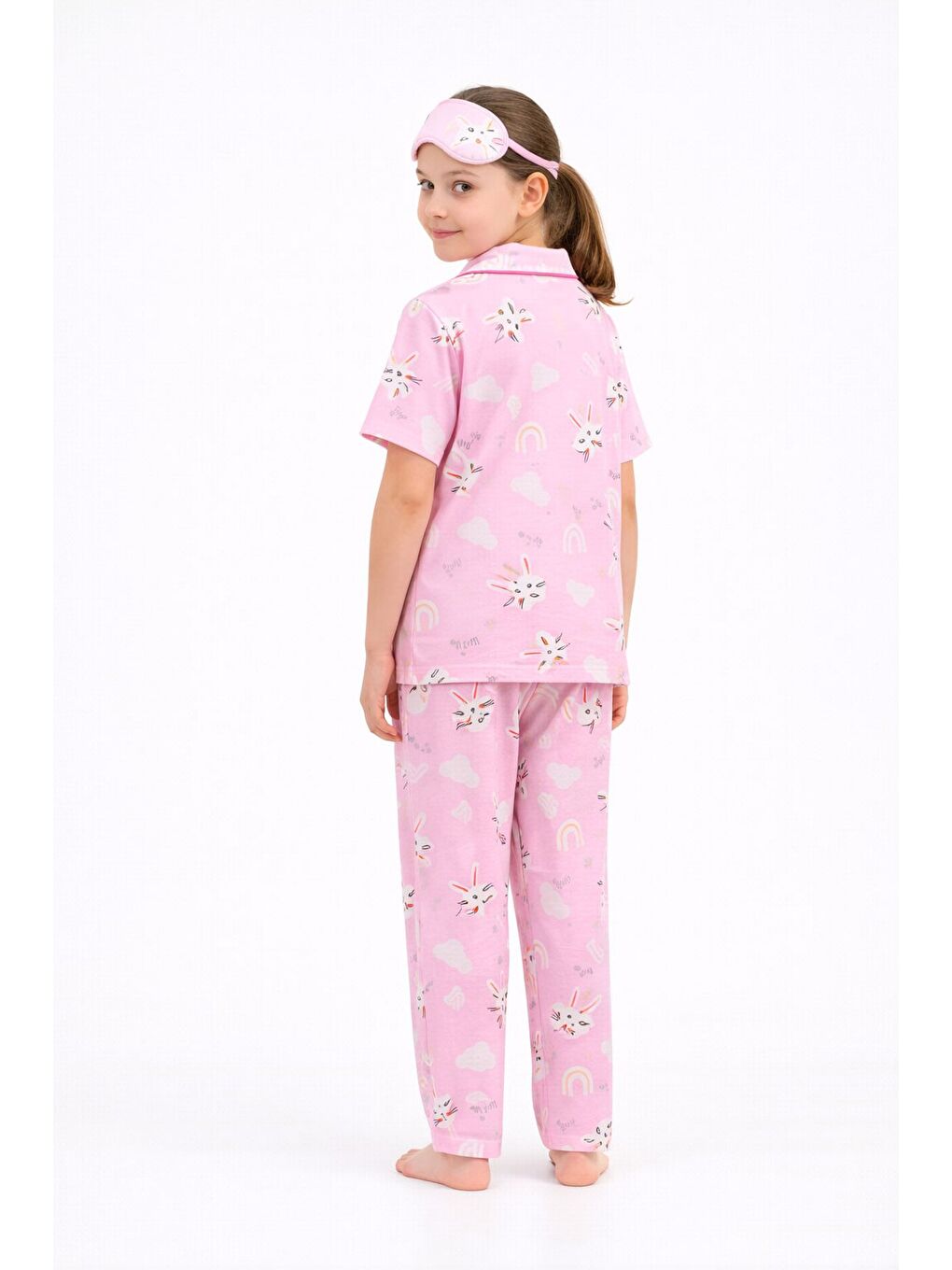 Pembe Tavşan Baskılı Kısa Kol Kız Çocuk Göz Bantlı Pijama Takımı 23820-2