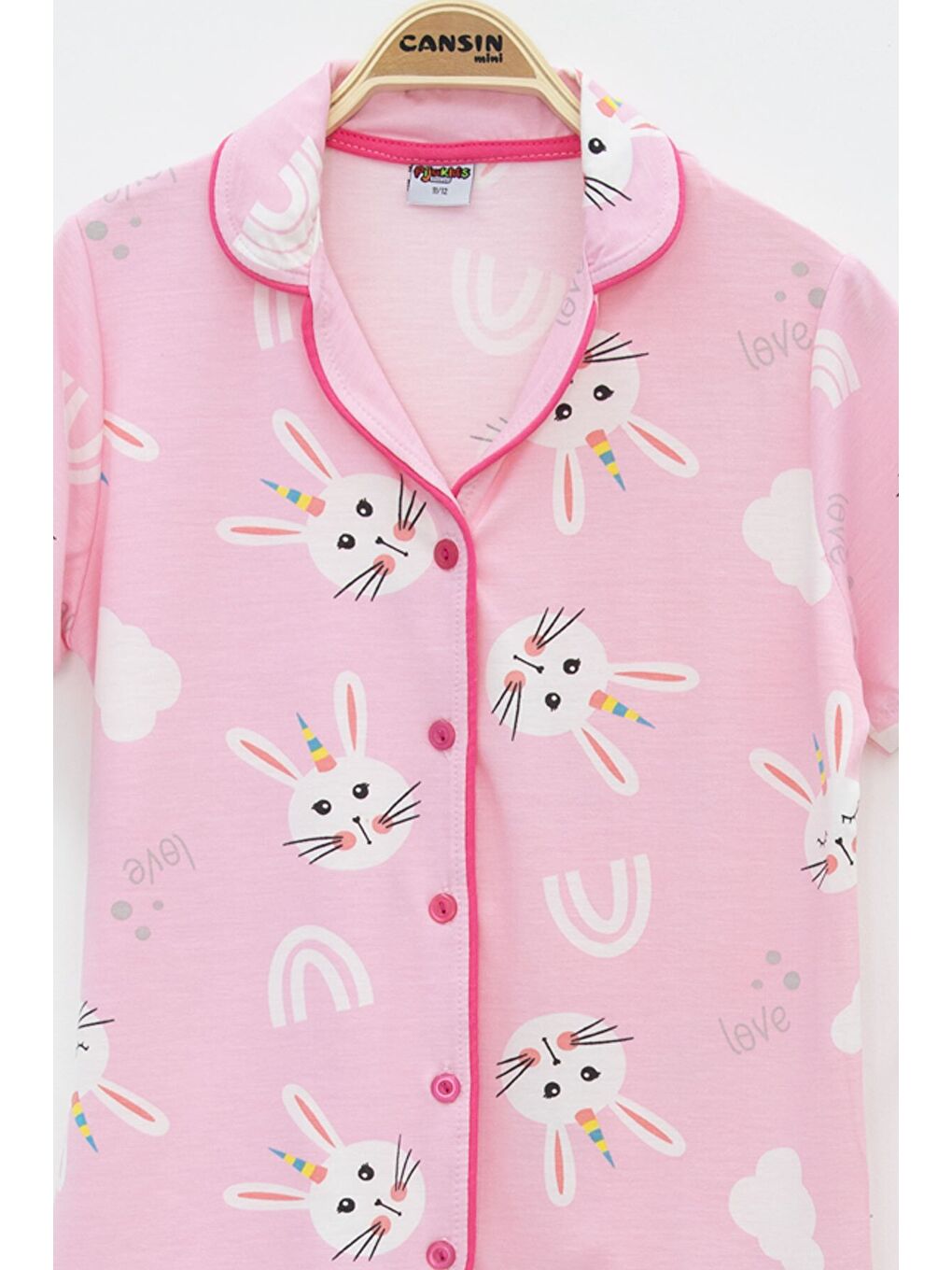 Pembe Tavşan Baskılı Kısa Kol Kız Çocuk Göz Bantlı Pijama Takımı 23820-3