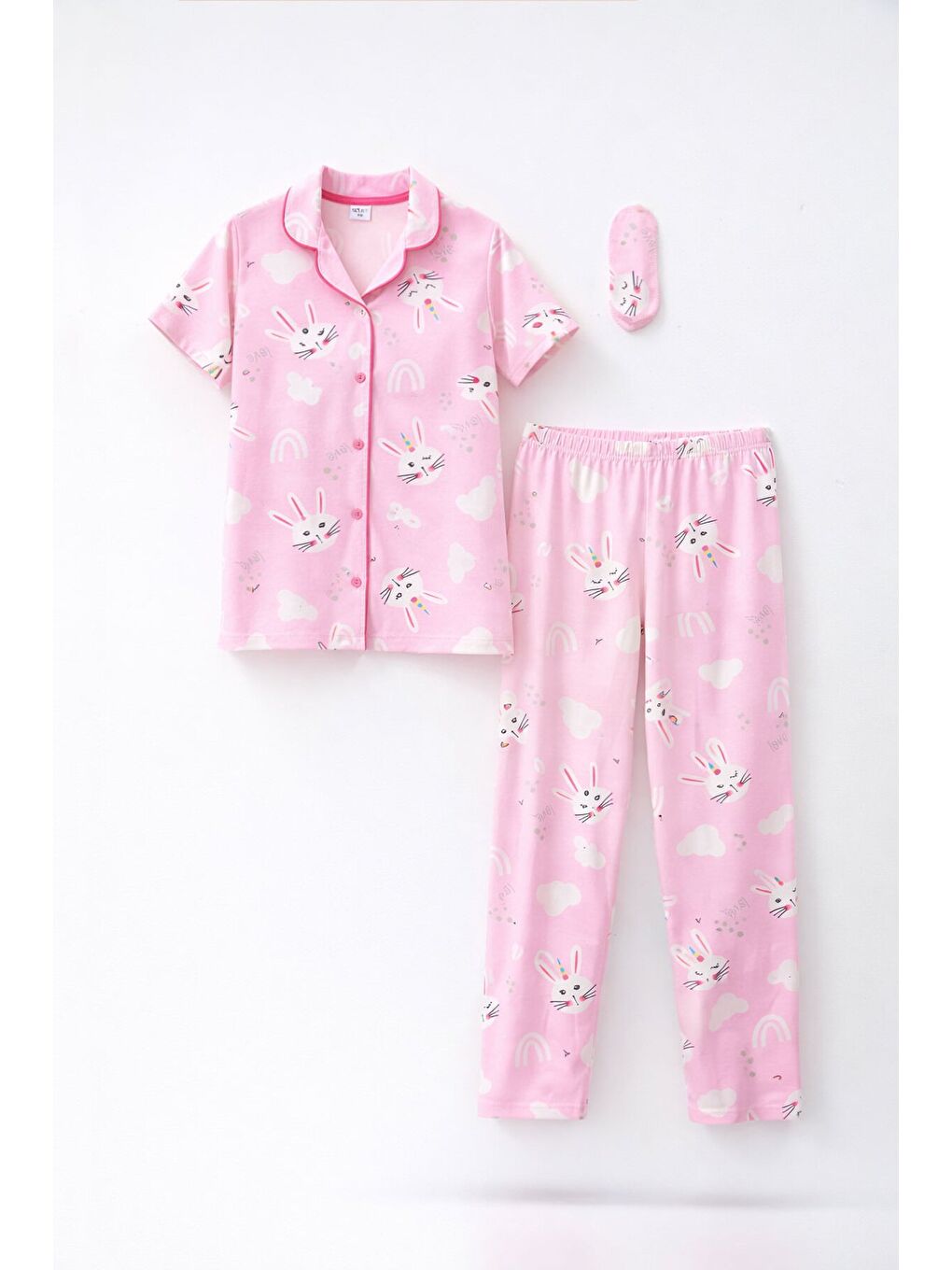 Pembe Tavşan Baskılı Kısa Kol Kız Çocuk Göz Bantlı Pijama Takımı 23820-4