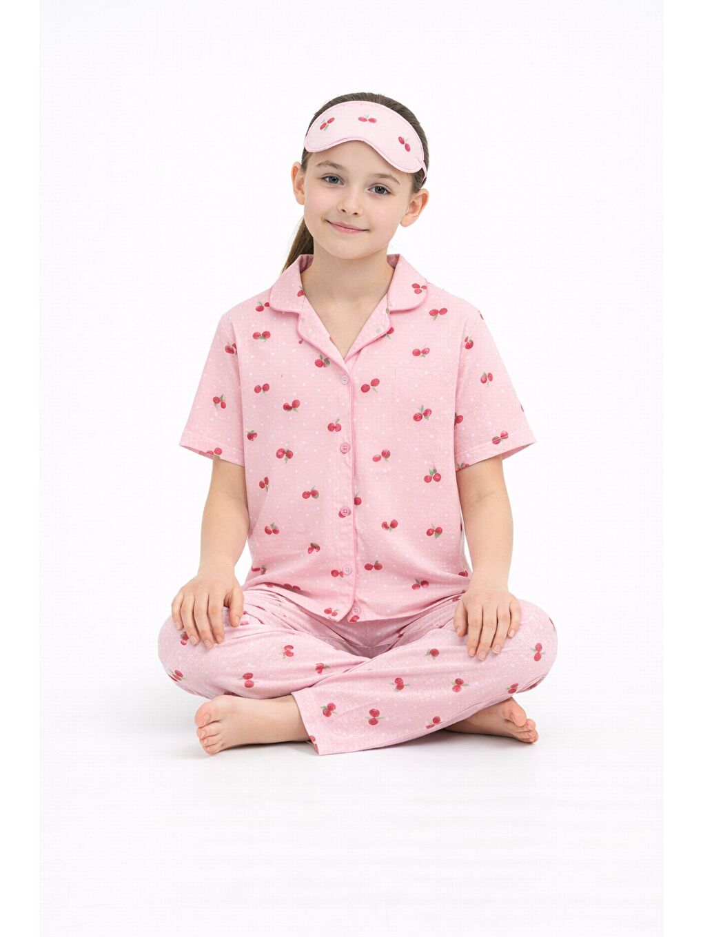 Pembe Kiraz Desenli Kısa Kol Kız Çocuk Göz Bantlı Pijama Takımı 23821-1