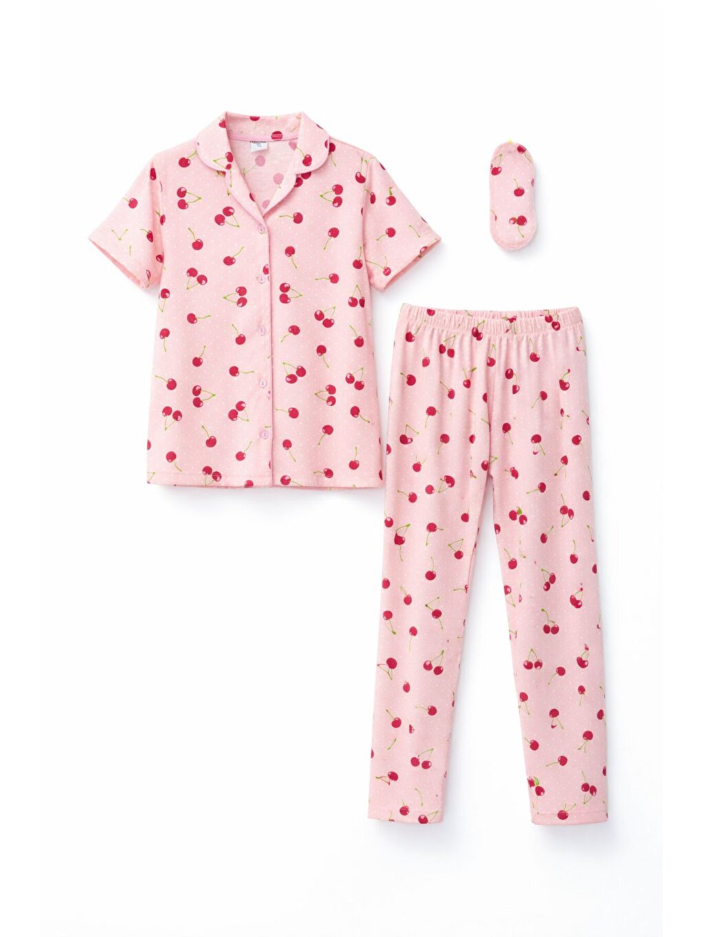 Pembe Kiraz Desenli Kısa Kol Kız Çocuk Göz Bantlı Pijama Takımı 23821-4