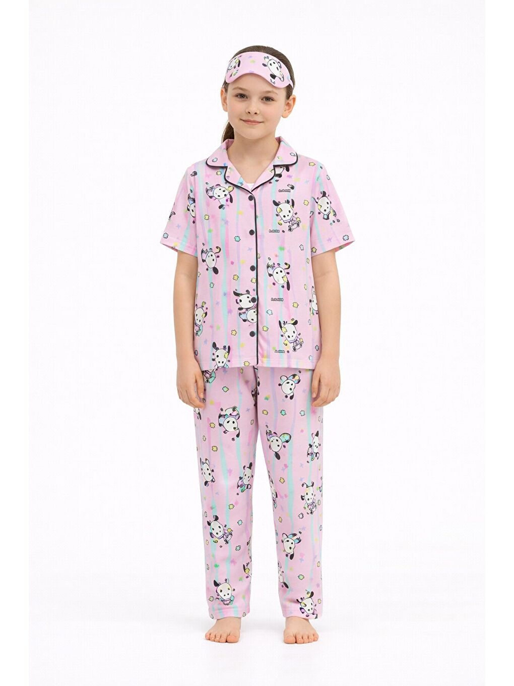 Pembe Sevimli Karakter Baskılı Kısa Kol Kız Çocuk Göz Bantlı Pijama Takmı 23826