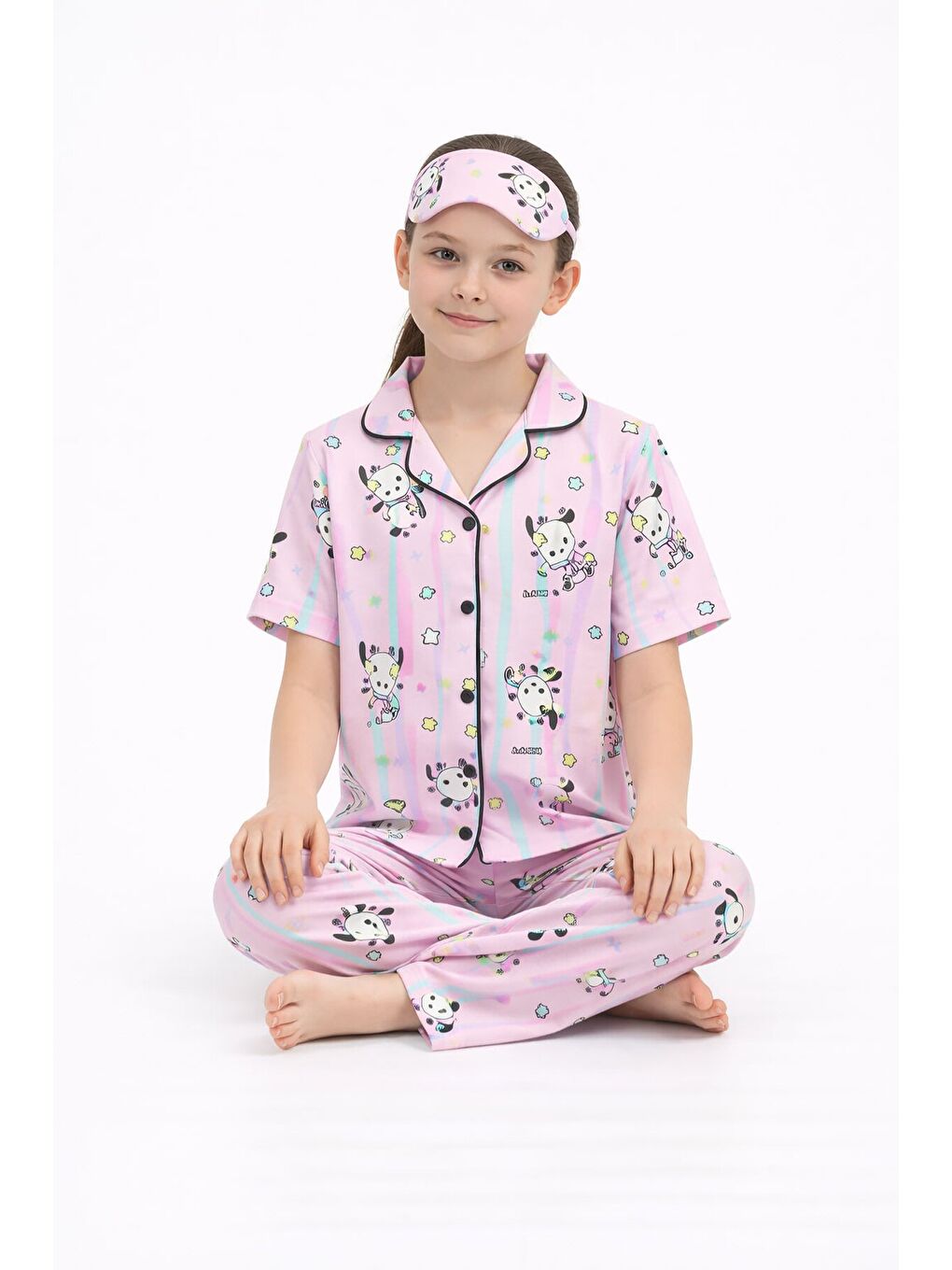 Pembe Sevimli Karakter Baskılı Kısa Kol Kız Çocuk Göz Bantlı Pijama Takmı 23826-1